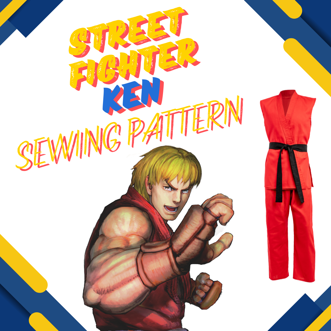 "street fighter ken sewing pattern" hero image shows invisible mannequin red gi uniform with black belt next to ken masters illustration