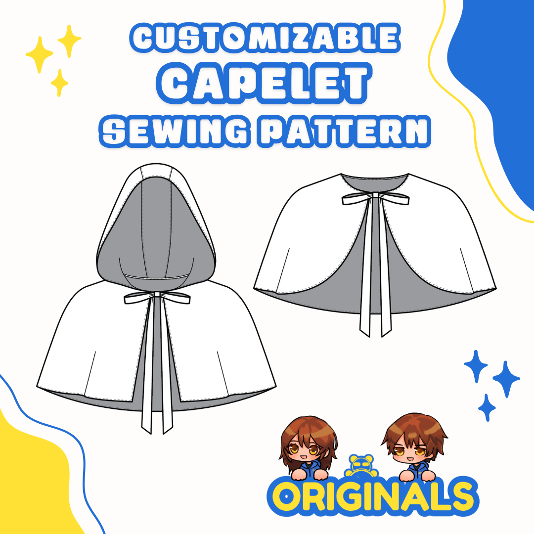 Hero image: Customizable Capelet Sewing Pattern above two capelet images: left to right: with hood, without hood. ORIGINALS logo bottom right corner.