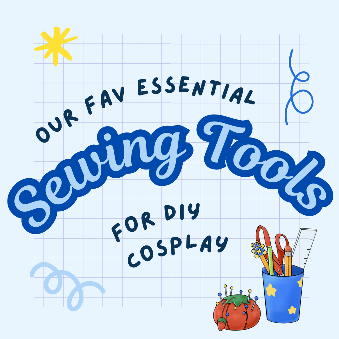Hero image graphic, grid background, text "our fav essential sewing tools for DIY cosplay" above an illustration of a tomato pin cushion with sewing pins beside a cup containing pencils, scissors, and a ruler
