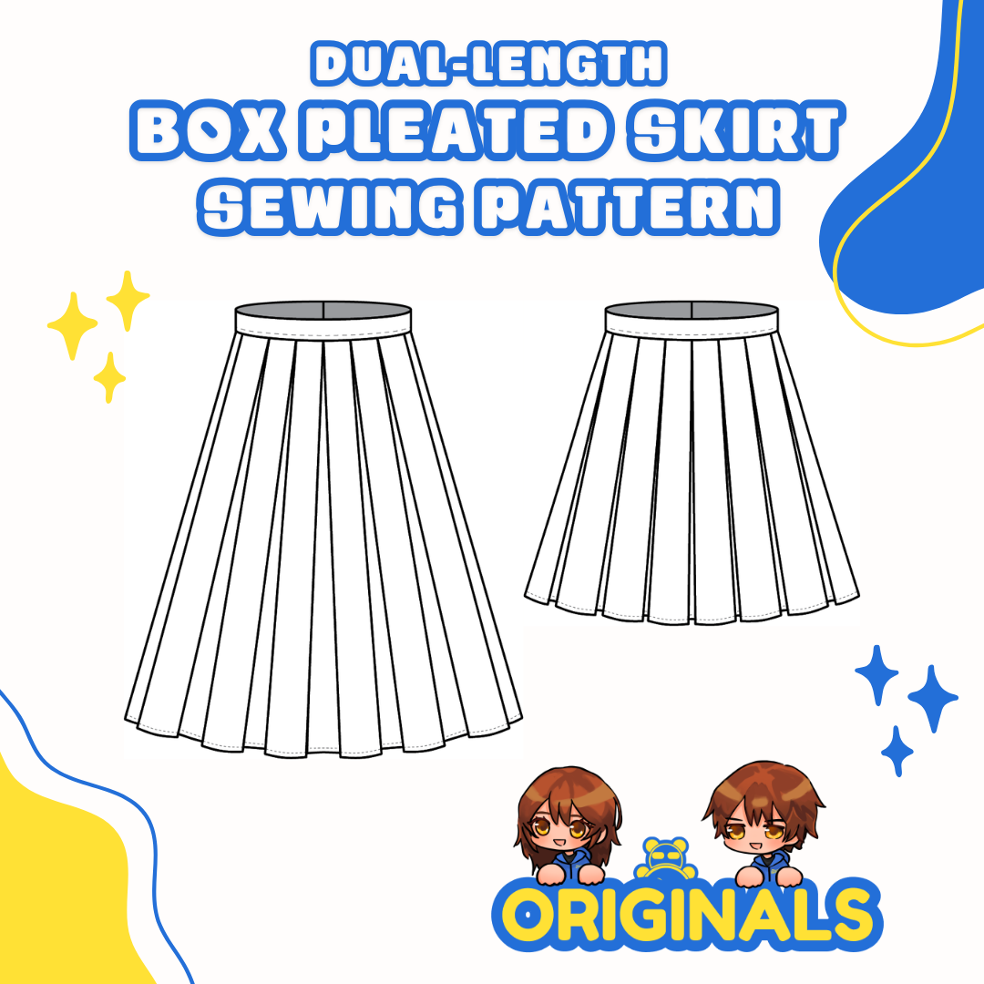 Dual Length Box Pleated Skirt Sewing Pattern featured image shows flat illustrations of a long and short box pleated skirt alongside the "ORIGINALS" logo featuring peekaboo Pan, Dah, and Timmy