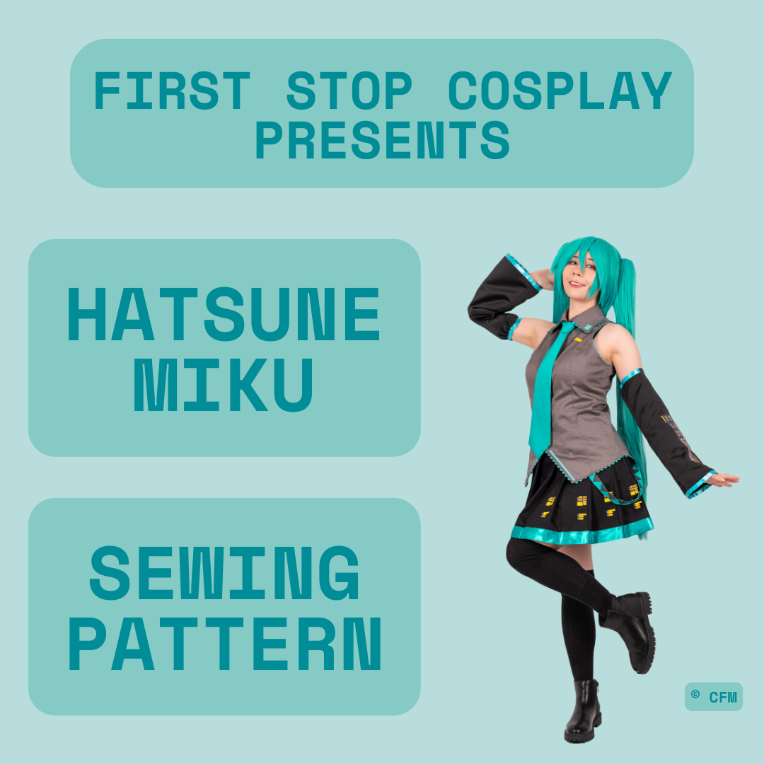 First Stop Cosplay Presents Hatsune Miku Sewing Pattern blog post hero image shows a young woman dressed as Hatsune Miku posing dynamically