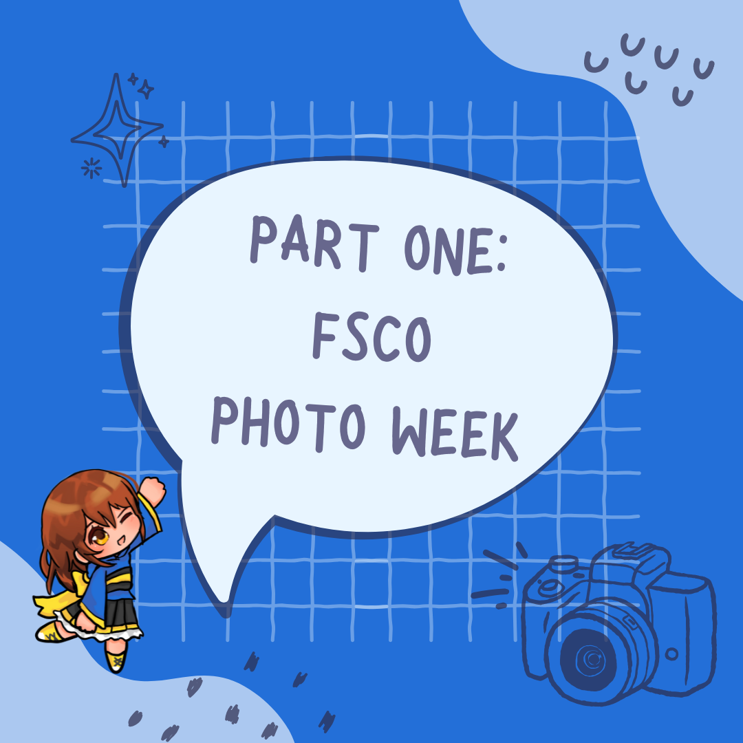 Blue background with Pan chibi illustration and a speech bubble "FSCO Photo Week Part 1" for Behind the Seams of “FSCO Photo Week”: Picture-Perfect Cosplay Patterns, From Concept to Creation