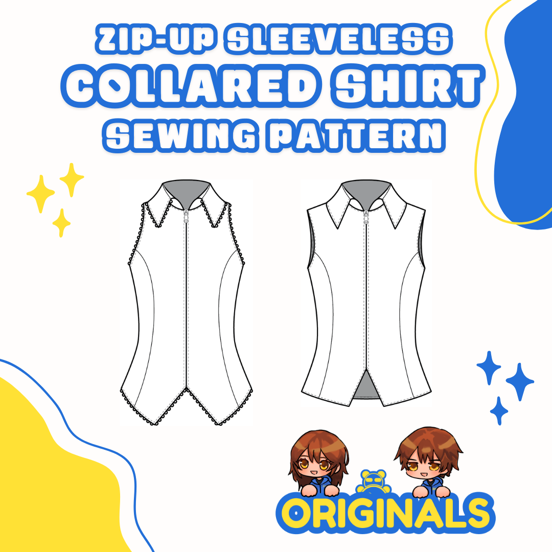 Zip-Up Sleeveless Collared Shirt Sewing Pattern featured image shows flat illustrations of two styles of collared shirt alongside the "ORIGINALS" logo featuring peekaboo Pan, Dah, and Timmy