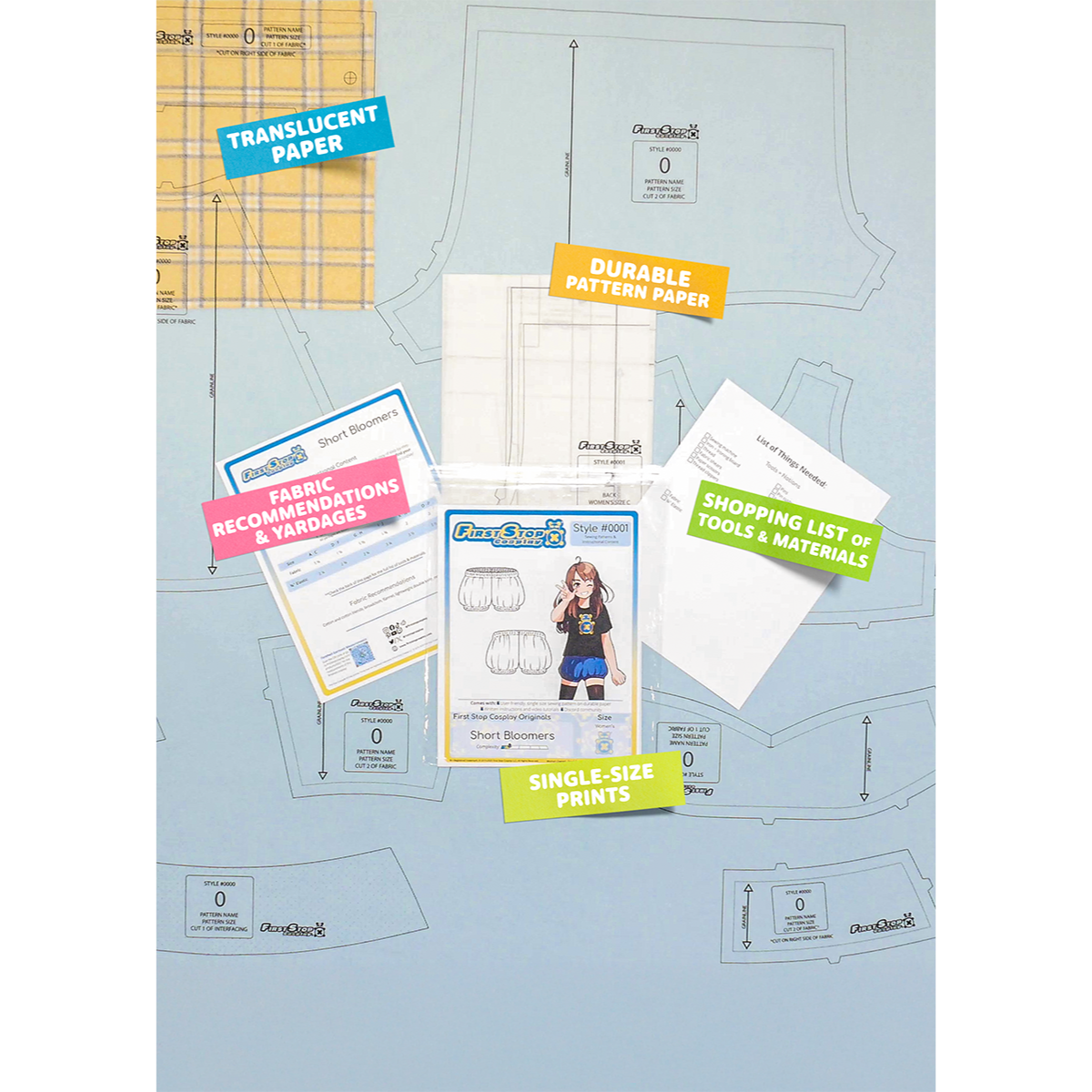 Contents of the Short Bloomers sewing pattern and packaging. Text boxes highlight features corresponding to those included in the product, such as translucent paper, single-size prints, a shopping list of tools and materials, and fabric recommendations.