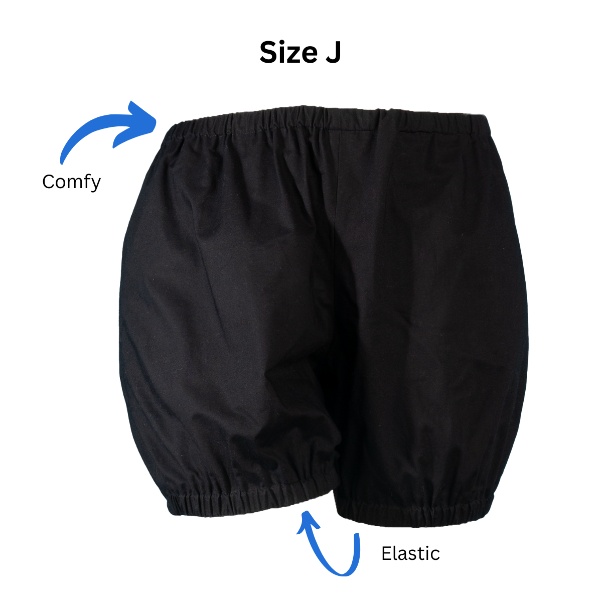 Size J Short Bloomers with text and arrows pointing out the elastic leg openings and describing that it's "comfy."