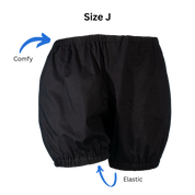 Size J Short Bloomers with text and arrows pointing out the elastic leg openings and describing that it's "comfy."