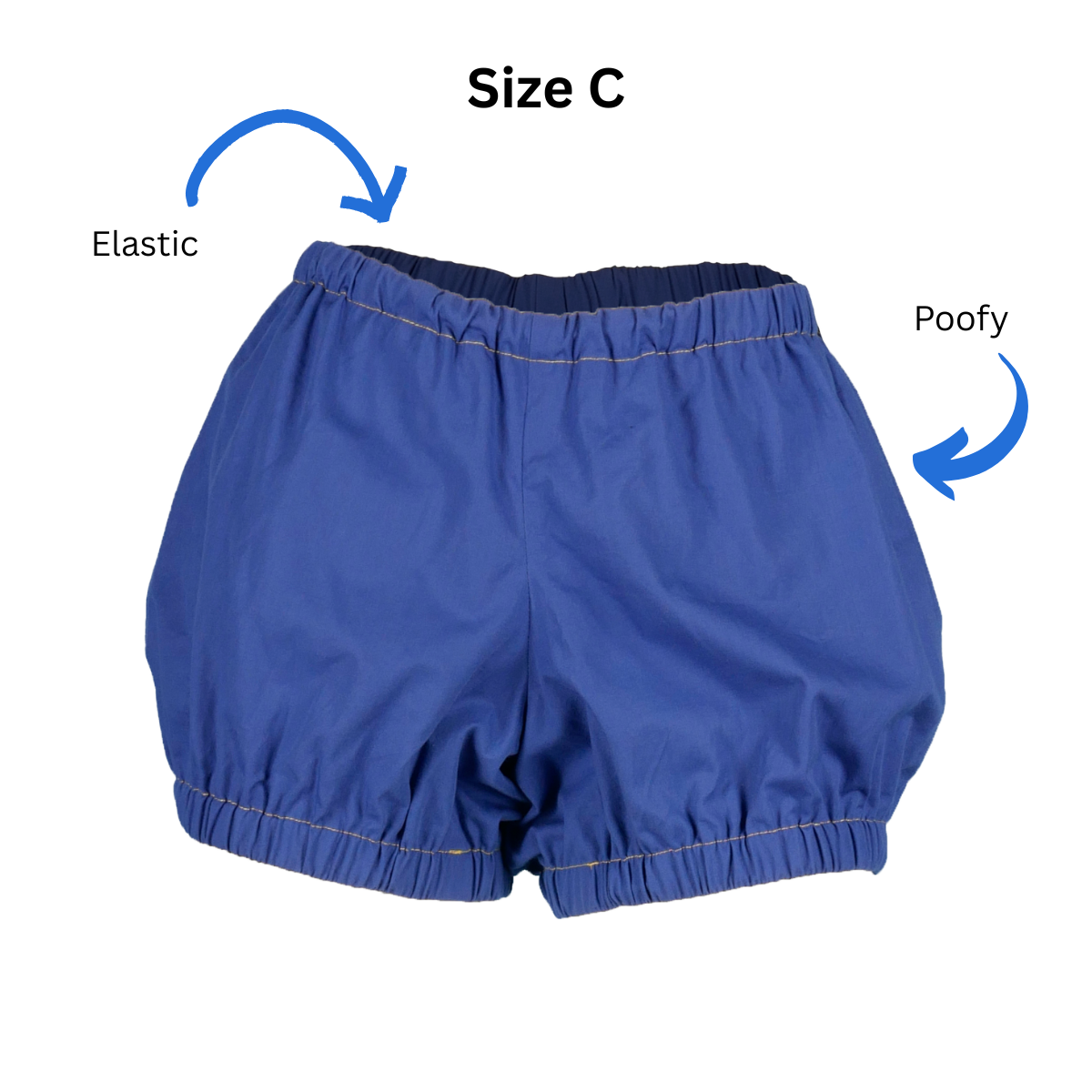 Size C Short Bloomers with text and arrows pointing out the elastic waistband and poofy legs.