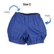 Size C Short Bloomers with text and arrows pointing out the elastic waistband and poofy legs.
