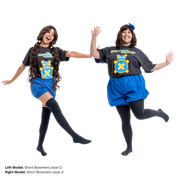 Two female models wearing the Short Bloomers. The model on the left (Size C) has one leg kicked forward, displaying the elastic leg openings. The model on the right (size J) is facing the camera and smiling with her hands out.