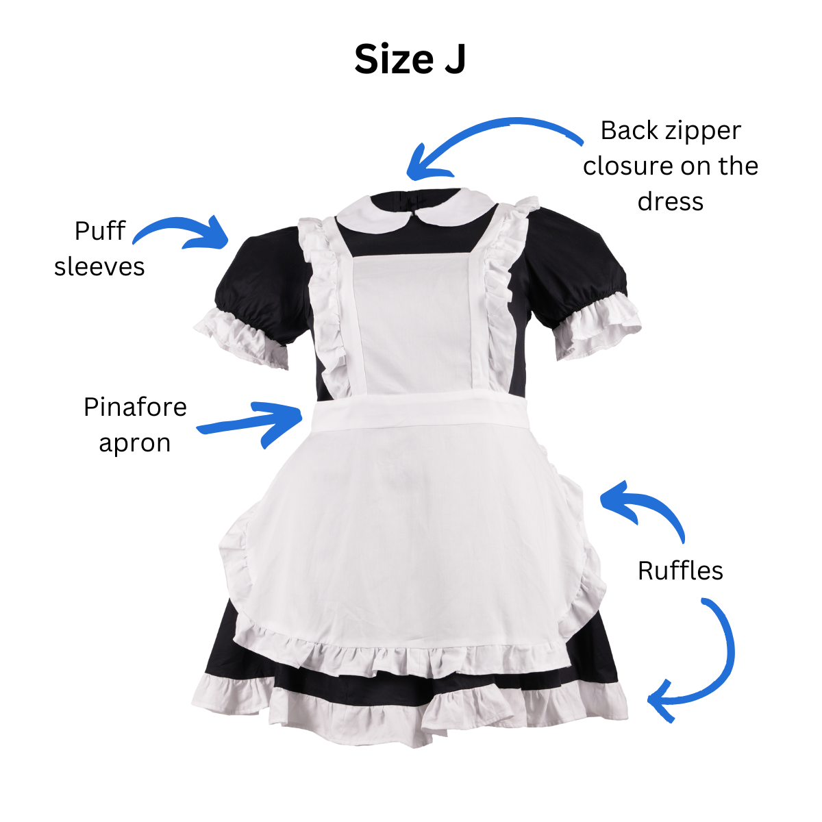 Size J Maid Outfit (women's) with text and arrows pointing out the back zipper closure on the dress, puff sleeves, pinafore apron, and ruffles.
