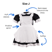 Size J Maid Outfit (women's) with text and arrows pointing out the back zipper closure on the dress, puff sleeves, pinafore apron, and ruffles.