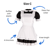 Size C Maid Outfit (women's) with text and arrows pointing out the Peter Pan collar, elastic arm holes, A-line silhouette, and knee-length hem.
