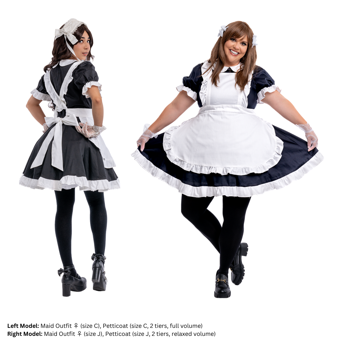 A size C and size J model posing in the Maid Outfit (women's). One model is facing away from the camera and pulling on the apron's back bow, while the other is flaring the skirt, displaying the volume of the dress.