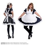 A size C and size J model posing in the Maid Outfit (women's). One model is facing away from the camera and pulling on the apron's back bow, while the other is flaring the skirt, displaying the volume of the dress.
