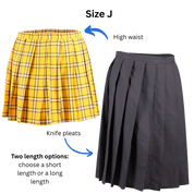 Size J Pleated Skirt in both short and long variations with text and arrows pointing out the high waist and knife pleats.