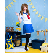 Female model (size C) posing in a white and blue school uniform outfit that contains the Pleated Skirt and Sailor Blouse. The skirt is the shorter legnth, and the blouses sleeves are also short.