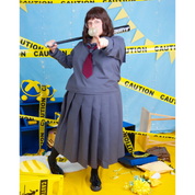 Plus size (size J) model posing in a grey and maroon school uniform, with Pleated Skirt and Sailor Blouse. The sleeves of the blouse and length of the skirt are the long variants for each pattern.