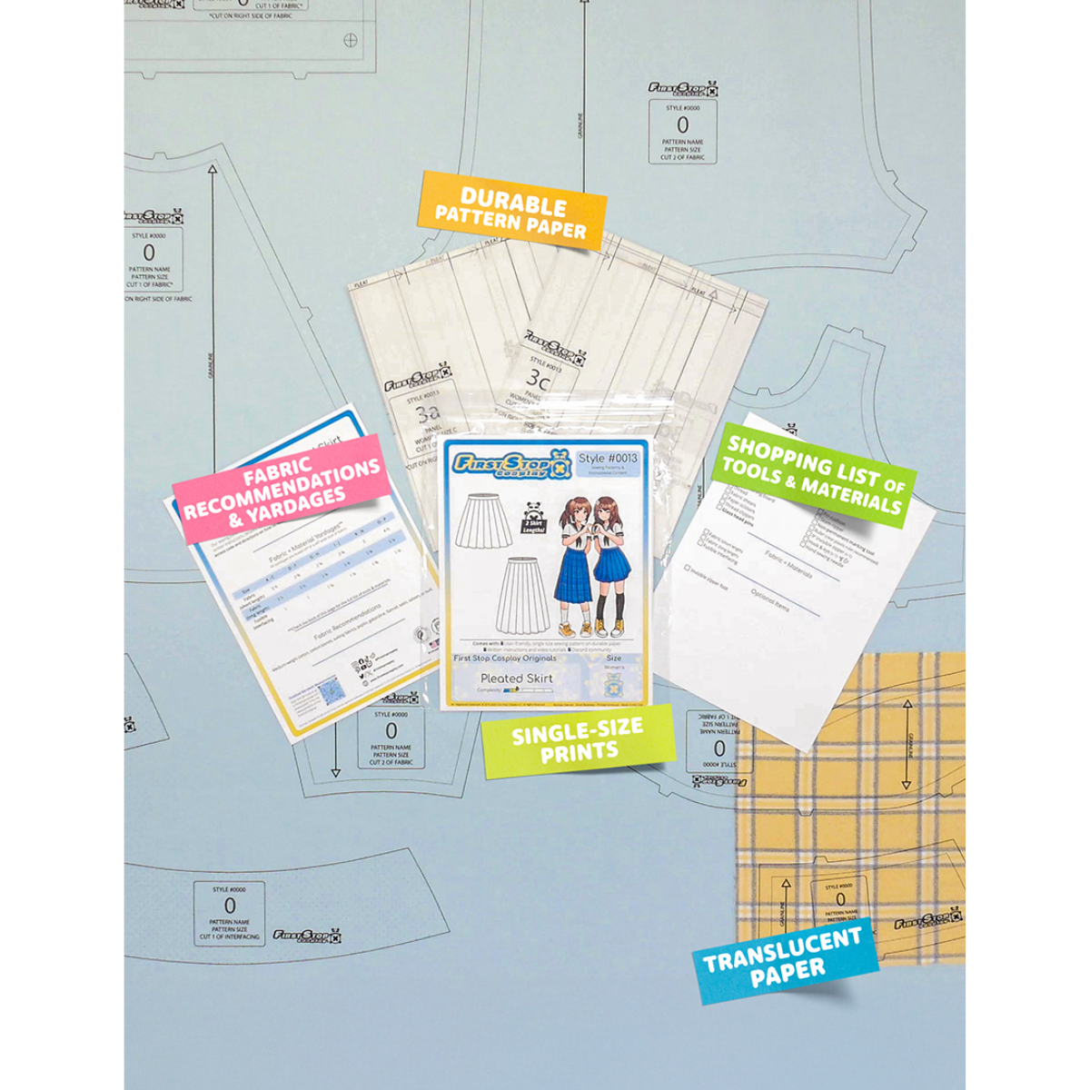 Contents of the Pleated Skirt sewing pattern and packaging. Text boxes highlight features corresponding to those included in the product, such as durable translucent paper, single-size prints, a shopping list of tools and materials, and fabric recommendations.