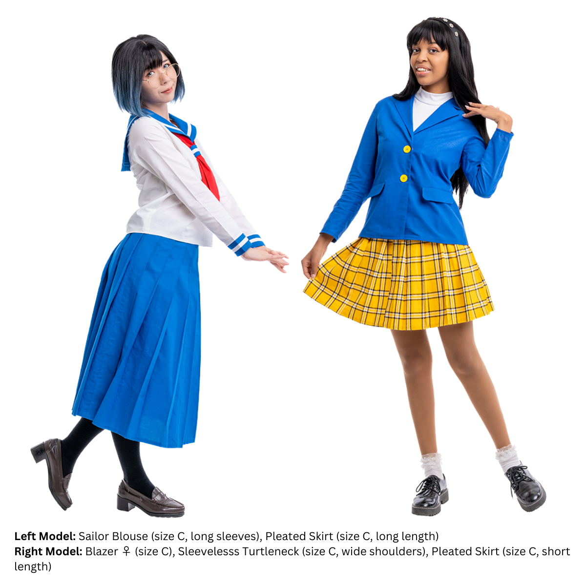 Size C female models, captain.leftovers and hyliancream, posing in the long and short variations of the Pleated Skirt. The model on the left pairs her long Pleated Skirt with a long-sleeve Sailor Blouse. The model on the right styles her short Pleated Skirt with a blazer.