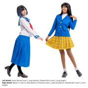 Size C female models, captain.leftovers and hyliancream, posing in the long and short variations of the Pleated Skirt. The model on the left pairs her long Pleated Skirt with a long-sleeve Sailor Blouse. The model on the right styles her short Pleated Skirt with a blazer.