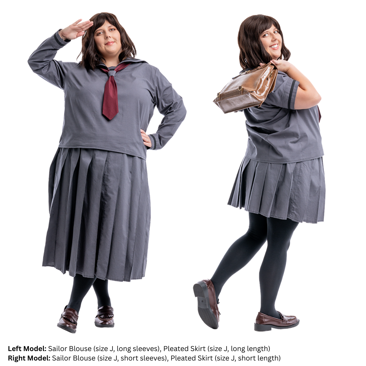 Plus size model posing in both versions of the Pleated Skirt and Sailor Blouse. The left model wears the long skirt and long-sleeve blouse. The model on the right is wearing the shorter skirt and short-sleeve blouse while facing away from the camera to show details of the back of the outfit.