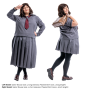 Plus size model posing in both versions of the Pleated Skirt and Sailor Blouse. The left model wears the long skirt and long-sleeve blouse. The model on the right is wearing the shorter skirt and short-sleeve blouse while facing away from the camera to show details of the back of the outfit.