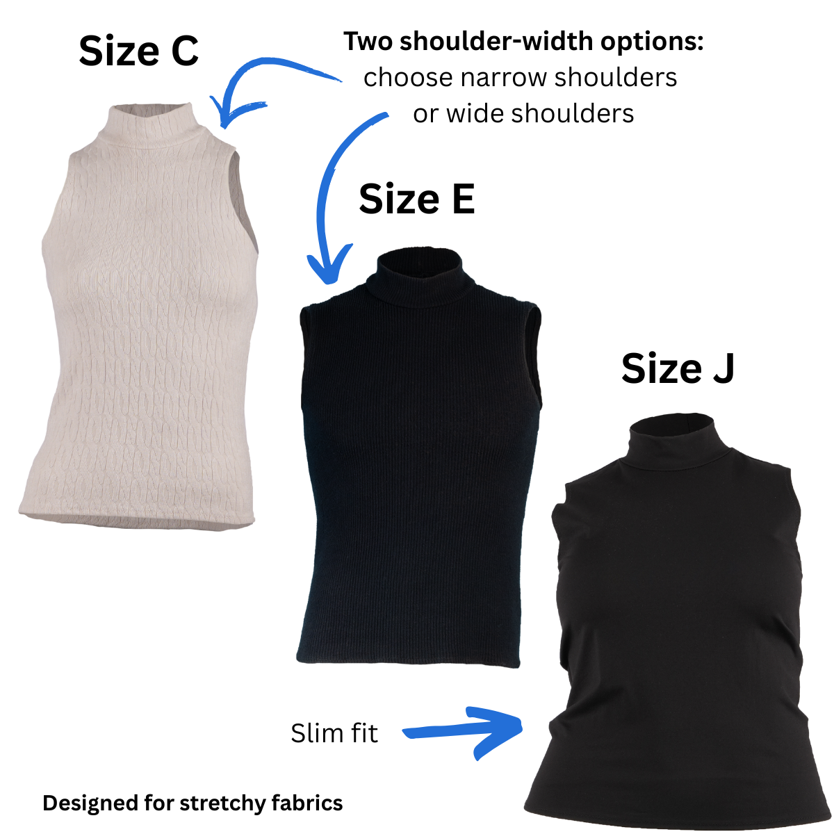 Size C, Size, E, and Size J Sleeveless Turtlenecks with text and arrows pointing out the two shoulder options and slim fit. Text at the bottom states the pattern is designed for stretchy fabric.