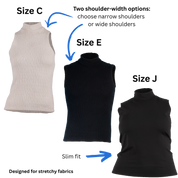 Size C, Size, E, and Size J Sleeveless Turtlenecks with text and arrows pointing out the two shoulder options and slim fit. Text at the bottom states the pattern is designed for stretchy fabric.