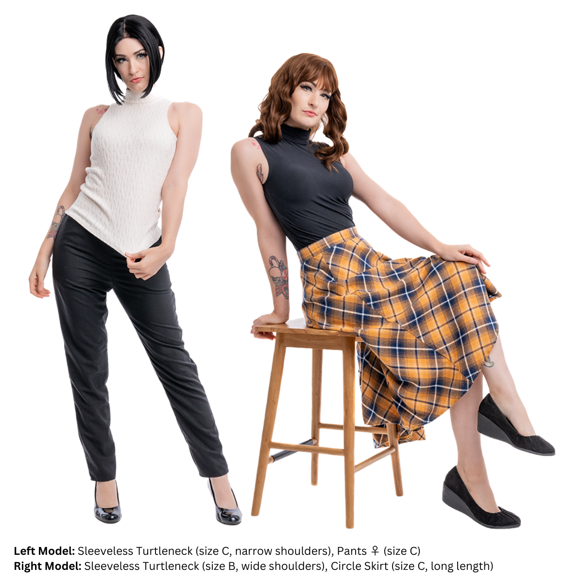 Female model, sugarvail_ (size C), wearing different variations of the Sleeveless Turtleneck. On the left, the turtleneck is a white knitted design and narrow shoulder option. On the right, a black jersey-knit turtleneck with wider shoulder option.