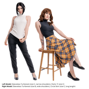 Female model, sugarvail_ (size C), wearing different variations of the Sleeveless Turtleneck. On the left, the turtleneck is a white knitted design and narrow shoulder option. On the right, a black jersey-knit turtleneck with wider shoulder option.