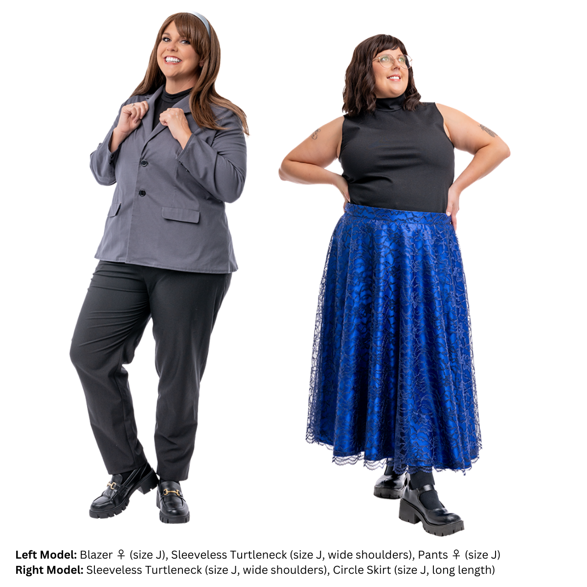 Plus size models (both size J) wearing black Sleeveless Turtlenecks. The model on the left poses with the turtleneck under a blazer, while the model on the right's is tucked into a long skirt.