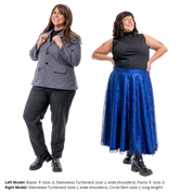 Plus size models (both size J) wearing black Sleeveless Turtlenecks. The model on the left poses with the turtleneck under a blazer, while the model on the right's is tucked into a long skirt.