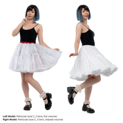 Female model, captain.leftovers (size C), in various poses while wearing a white petticoat with red waistband. On the left, she holds the layers of the skirt away from her body. On the right, she's spinning and the layers of the petticoat are visible.