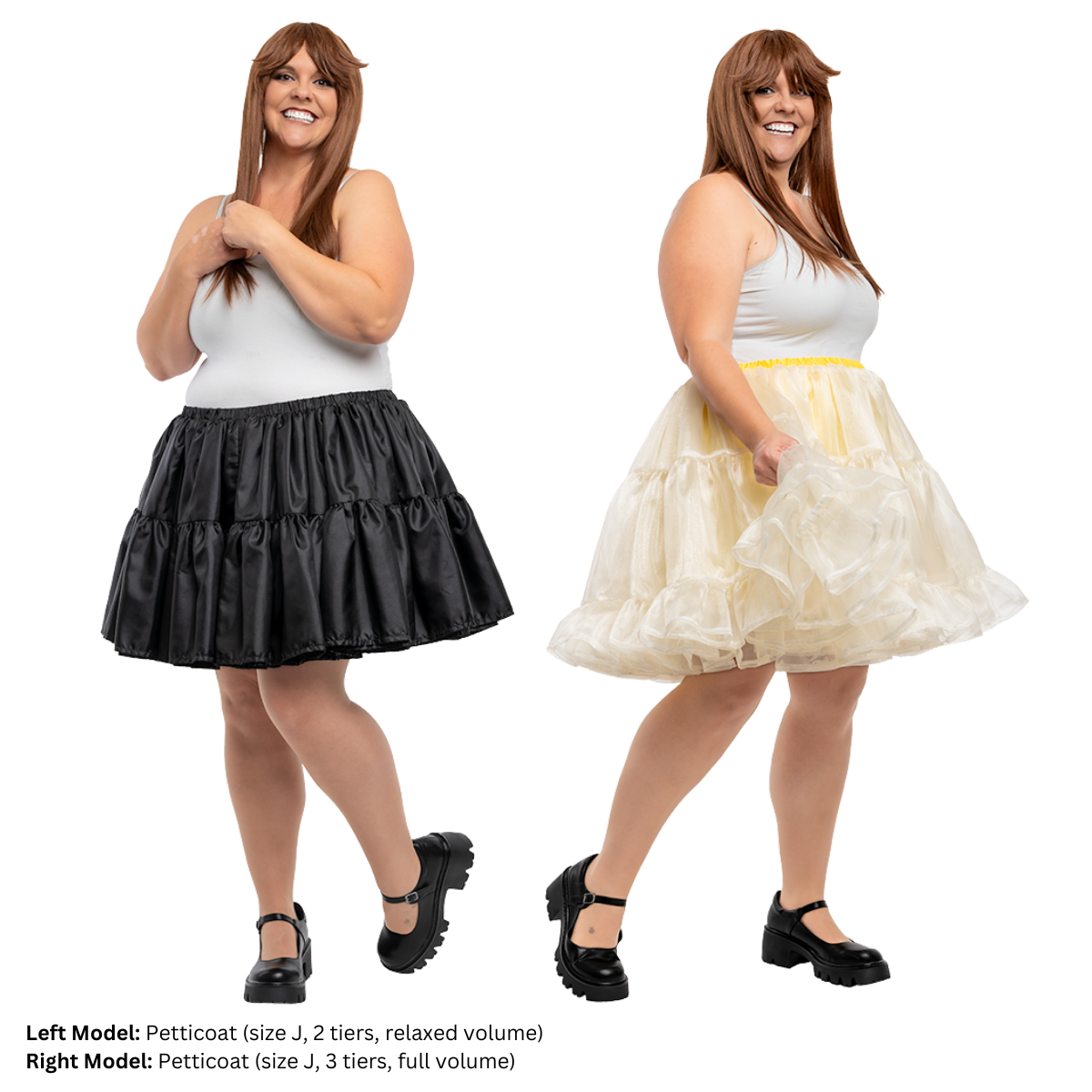Plus size model (size J) in various petticoats. On the left, the material is a black, shiny satin. On the right is a mesh tulle, which adds to the volume.