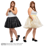 Plus size model (size J) in various petticoats. On the left, the material is a black, shiny satin. On the right is a mesh tulle, which adds to the volume.