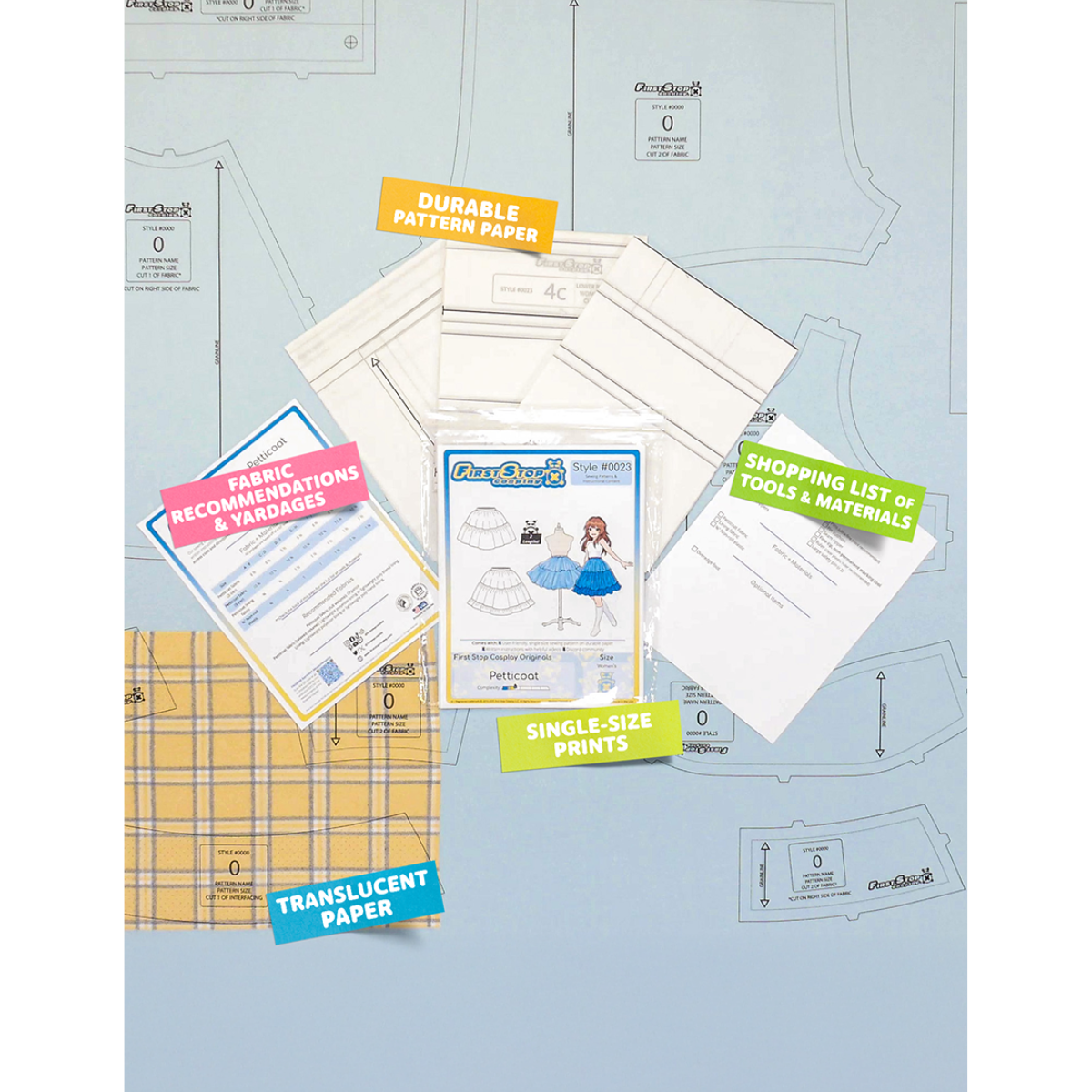Contents of the Petticoat sewing pattern and packaging. Text boxes highlight features corresponding to those included in the product, such as durable translucent paper, single-size prints, a shopping list of tools and materials, and fabric recommendations.