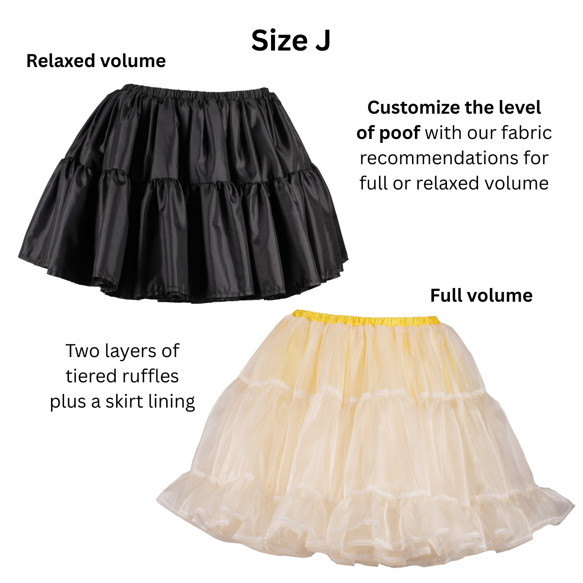 Size J Petticoats in both length variations. Text on the image describes the relaxes and full volume options and the two layer of tiered ruffles and skirt lining.
