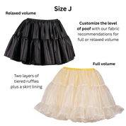 Size J Petticoats in both length variations. Text on the image describes the relaxes and full volume options and the two layer of tiered ruffles and skirt lining.