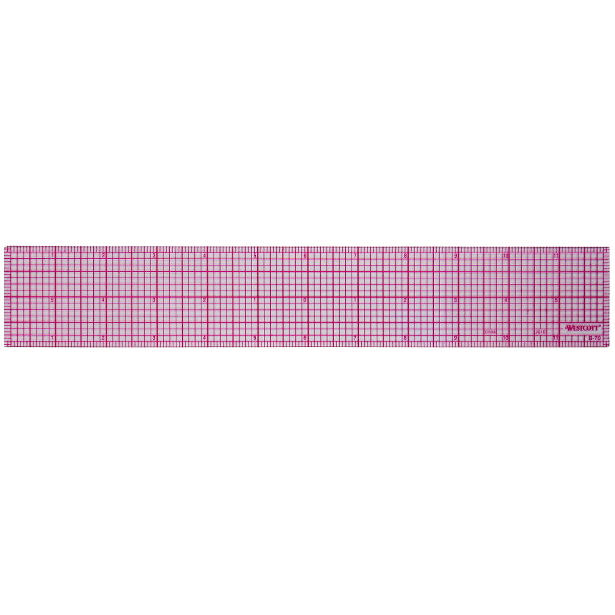 Close-up image of Westcott 12" beveled ruler, showing the details of the red gridlines.