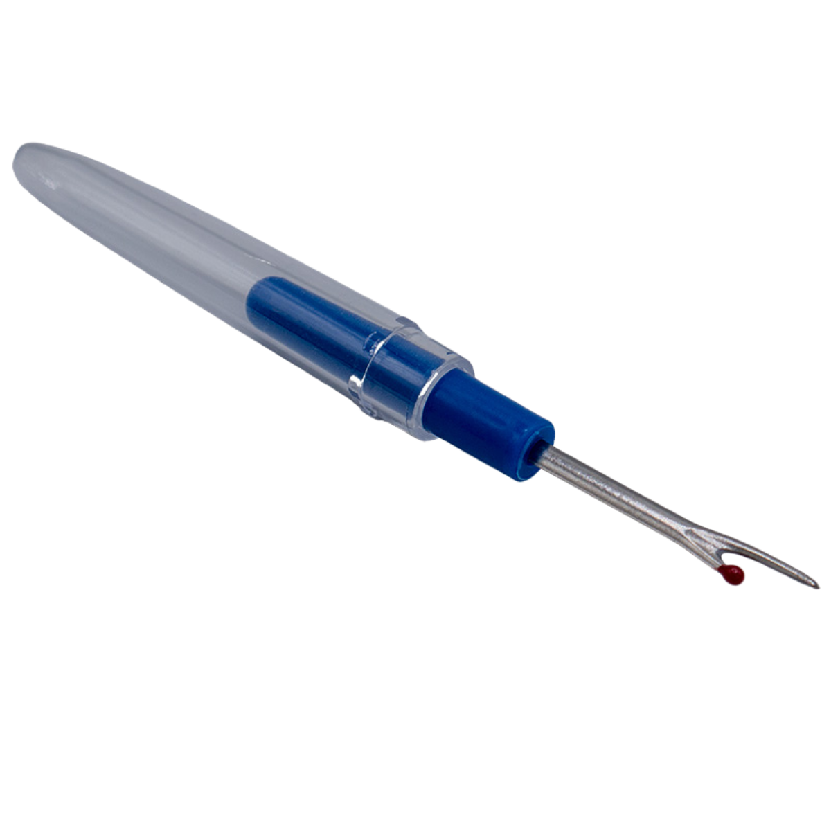 Image of the Drtiz seam ripper. The cap is attached to the back, and the details of the pointed tip are visible.