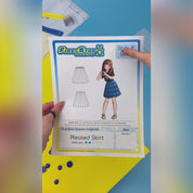 Short video advertising the Pleated Skirt sewing pattern. The opening scene shows hands ripping apart the Original Pleated Skirt sewing pattern packaging with text that says, "You spoke. We listened. Next and improved pleated skirt pattern." Footage pans over described features of the updated pattern.