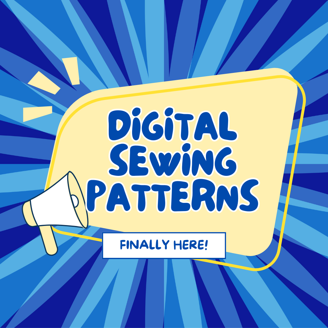 Pop art style blue background, yellow square with a cartoon bullhorn, on the square it says "digital sewing patterns" & below that it says "finally here!"
