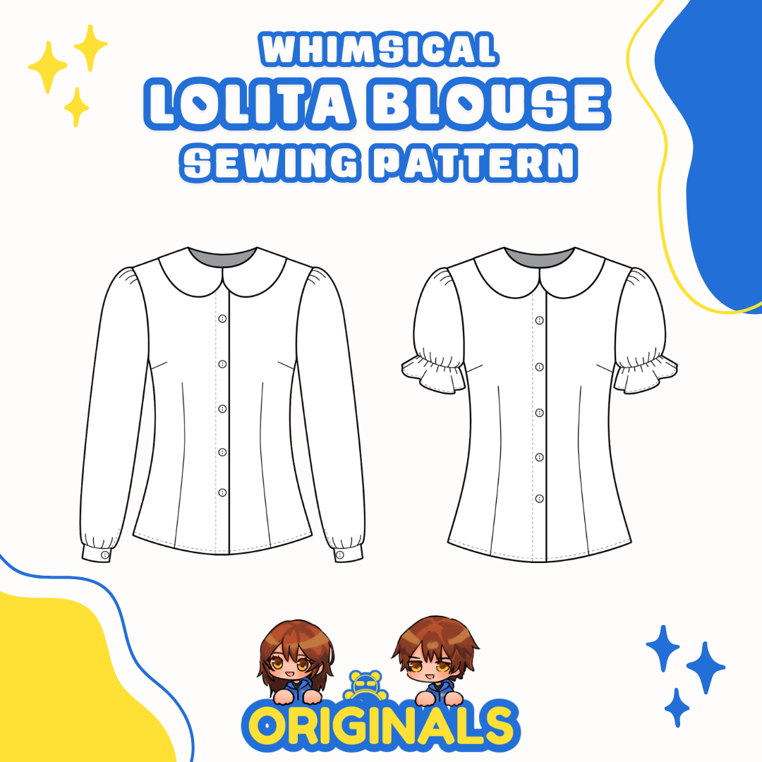white background, blue and yellow elements (sparkles, shapeless blobs) in the corners, top text: "Whimsical Lolita Blouse Sewing Pattern", bottom text: "Originals", flat side-by-side illustrations of a long-sleeve and a short-sleeve blouse in the center