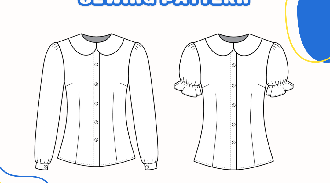 white background, blue and yellow elements (sparkles, shapeless blobs) in the corners, top text: "Whimsical Lolita Blouse Sewing Pattern", bottom text: "Originals", flat side-by-side illustrations of a long-sleeve and a short-sleeve blouse in the center
