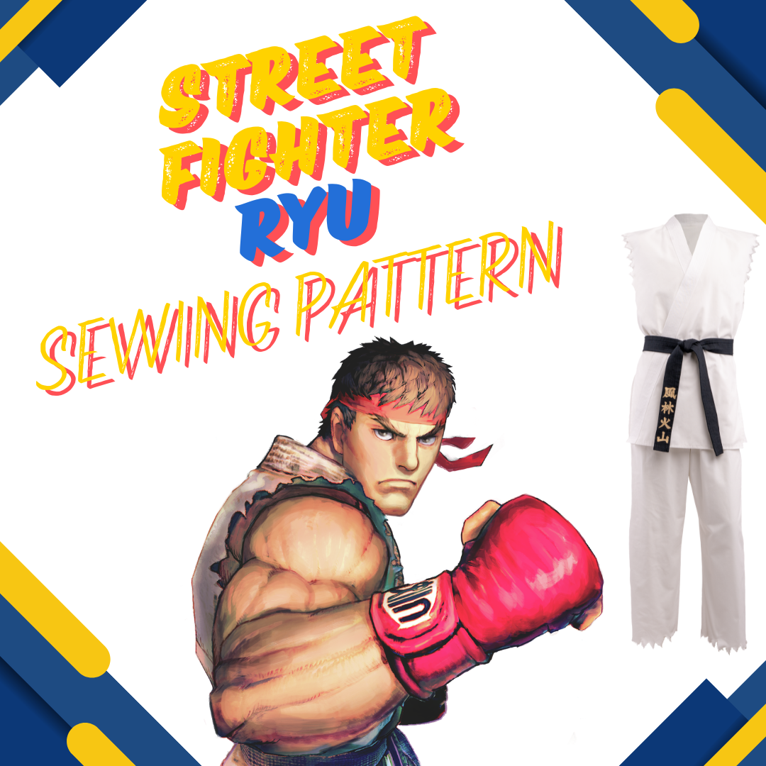 "street fighter ryu sewing pattern" hero image shows invisible mannequin white gi uniform with torn hems and kanji characters on signature black belt next to ryu illustration