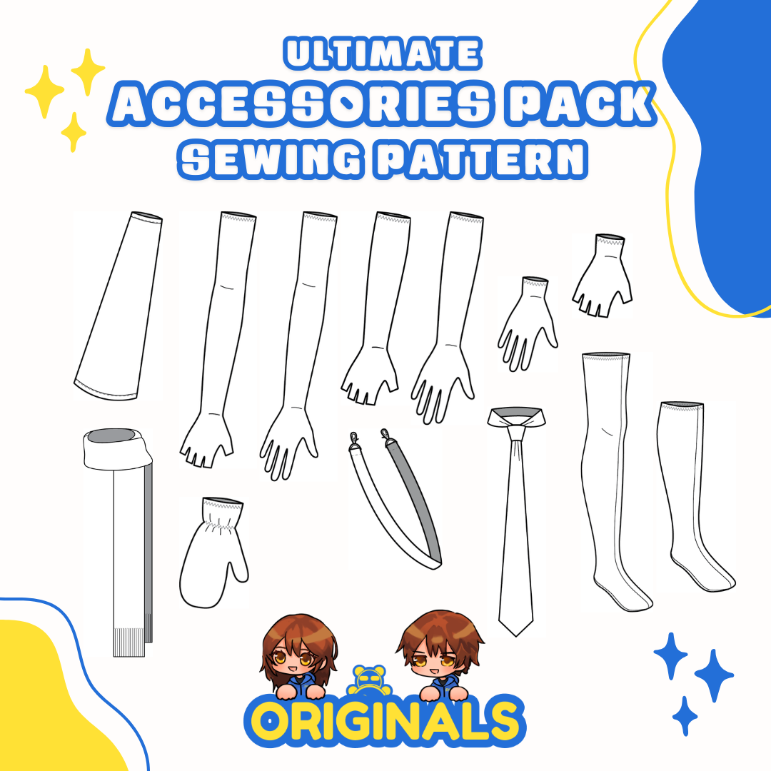 Ultimate Accessories Pack Sewing Pattern featured image shows flat illustrations of various accessories above the "ORIGINALS" logo featuring peekaboo Pan, Dah, and Timmy