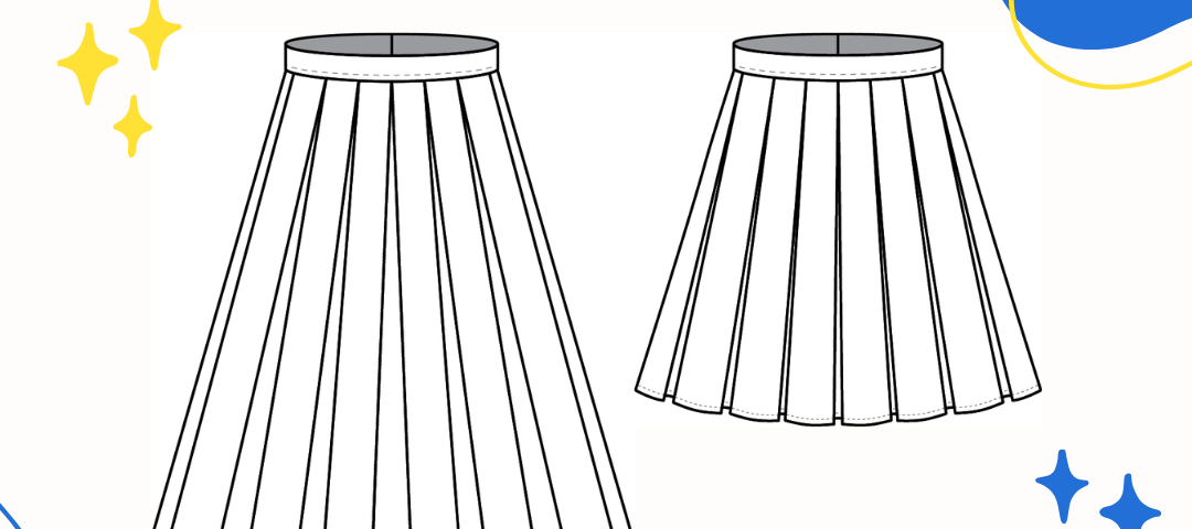 Dual Length Box Pleated Skirt Sewing Pattern featured image shows flat illustrations of a long and short box pleated skirt alongside the "ORIGINALS" logo featuring peekaboo Pan, Dah, and Timmy