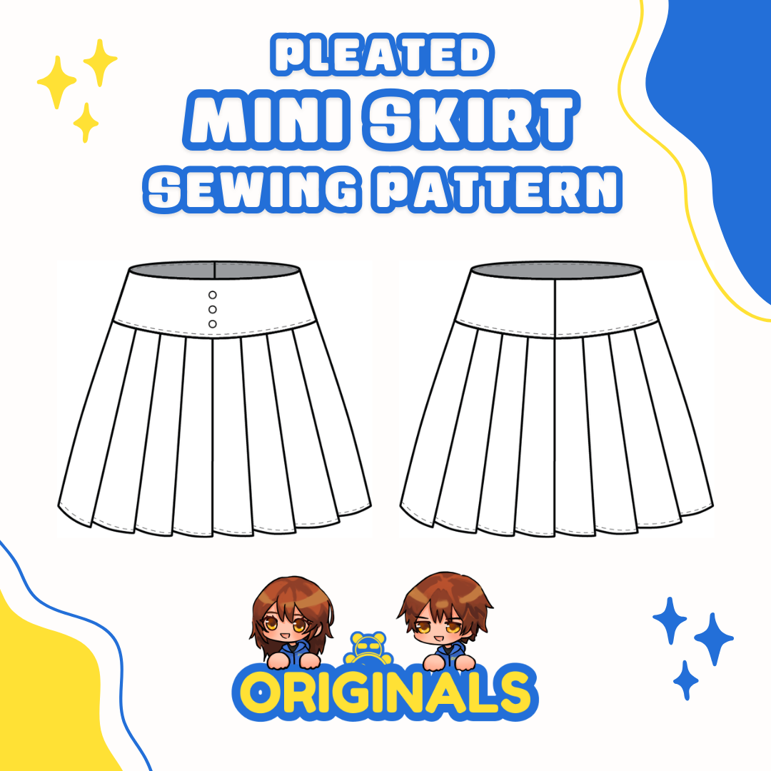 Pleated Mini Skirt Sewing Pattern featured image shows flat illustrations of the front and back of a pleated mini skirt above the "ORIGINALS" logo featuring peekaboo Pan, Dah, and Timmy