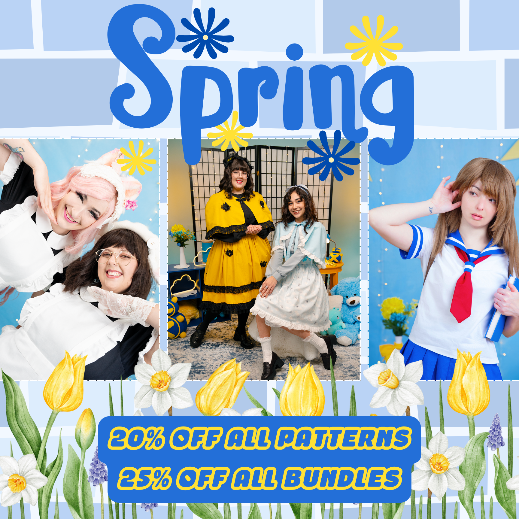 Spring sale promo with cosplayers in maid outfits, Lolita style, and school uniforms. Text announces '20% OFF ALL PATTERNS' and '25% OFF ALL BUNDLES' on a floral background.