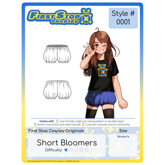 A graphic of the front packaging for Style #0001- Short Bloomers. The First Stop Cosplay logo is in the top left corner. Below the logo is line art of the completed pattern. To the right is an image of our female character, Pan, wearing the completed Short Bloomers with a black Timmy graphic t-shirt. This pattern is 1 star in difficulty rating and follows our women's size chart.